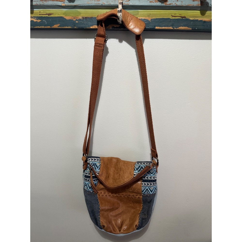 The Sak Mixed Media Crossbody Bag Leather Denim Embroidered Boho Brown Blue